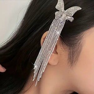 NEW! CRYSTAL TASSELED BUTTERFLY HAIR CLIP in Silver